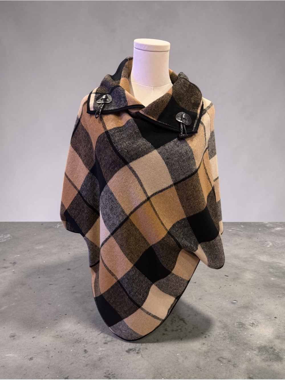 Checked Cape-Style Sweater Poncho in Camel & Black